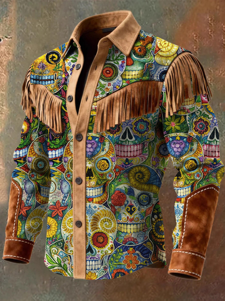 Men's Retro Western Style Art Print Vintage Tassel Casual Long Sleeve Shirt